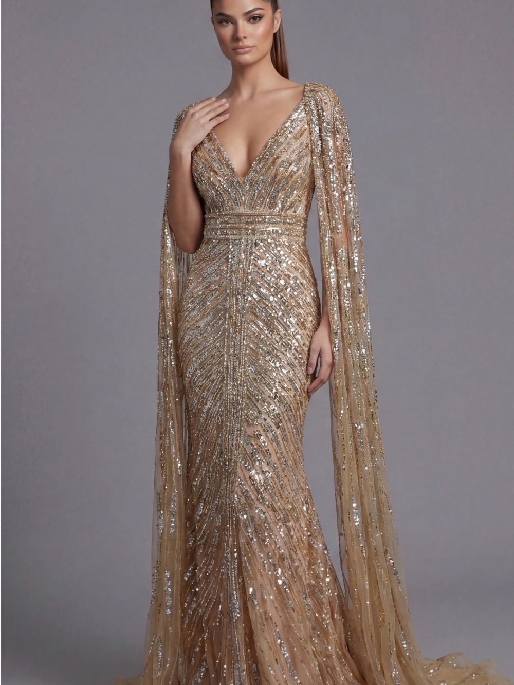 Jovani Gold Sequin V-Neck Gown Beaded Column Gown With Draped Cape Sleeves 36358 - Picture 2 of 9
